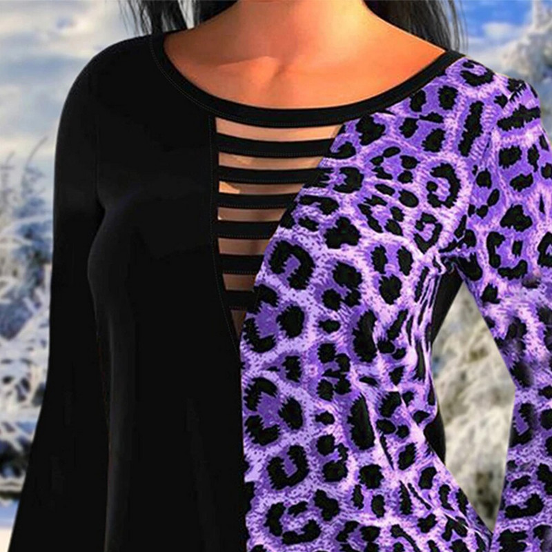 Naiste leopardi pikkade varrukatega sügistalvine T-särk Naiste vabaaja õõnsa kaelusega pluusiga topsid Suures suuruses Korea rõivad XL-6XL