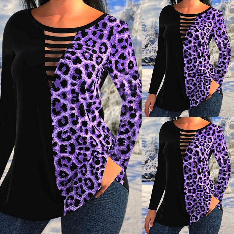 Naiste leopardi pikkade varrukatega sügistalvine T-särk Naiste vabaaja õõnsa kaelusega pluusiga topsid Suures suuruses Korea rõivad XL-6XL