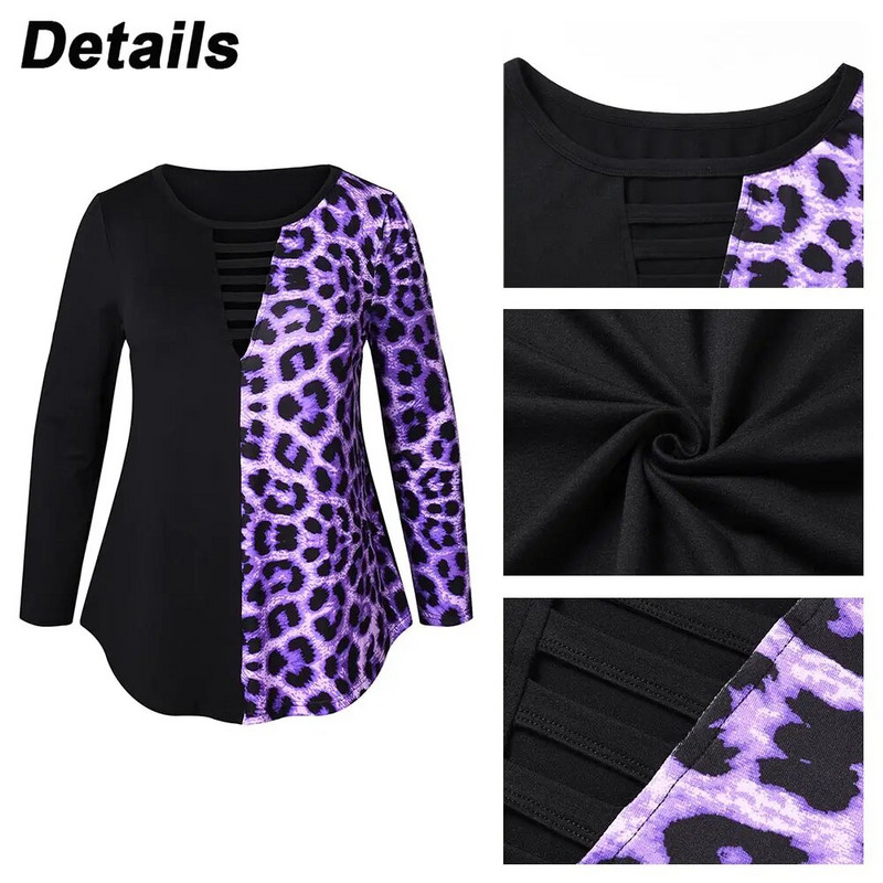 Naiste leopardi pikkade varrukatega sügistalvine T-särk Naiste vabaaja õõnsa kaelusega pluusiga topsid Suures suuruses Korea rõivad XL-6XL