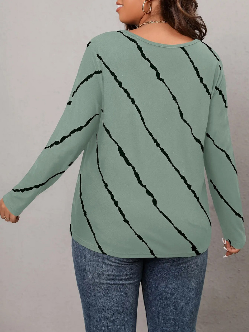 Finjani suures suuruses naiste T-särk, musta triibulise põhjaga pikkade varrukatega O-kaelusega särgi vabaajarõivad sügiseks, uus