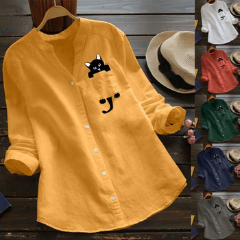 Γυναικείο πουκάμισο γάτας Λινό Μπλούζα Μακρυμάνικο Μπλούζες Kawaii Μπλούζες Laple Pocket Down πουκάμισα με γιακά Ανοιξιάτικα Γυναικεία Ρούχα