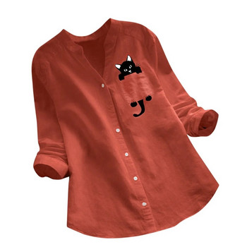 Γυναικείο πουκάμισο γάτας Λινό Μπλούζα Μακρυμάνικο Μπλούζες Kawaii Μπλούζες Laple Pocket Down πουκάμισα με γιακά Ανοιξιάτικα Γυναικεία Ρούχα