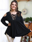 Finjani Plus Size naiste T-särk Kontrastne Guipure Lace Cold Shoulder Tee vabaajarõivad sügiseks Uus