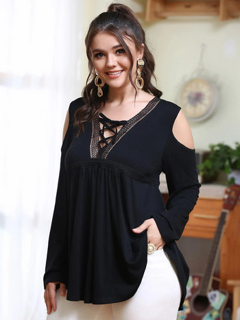 Finjani Plus Size Γυναικείο μπλουζάκι Contrast Guipure Lace Cold Shoulder Tee Casual Ρούχα για το Φθινόπωρο Νέο