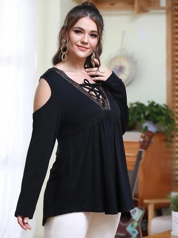 Finjani Plus Size Γυναικείο μπλουζάκι Contrast Guipure Lace Cold Shoulder Tee Casual Ρούχα για το Φθινόπωρο Νέο