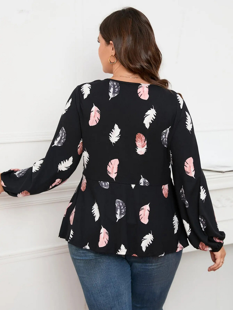 Finjani suures suuruses naiste T-särk, sulgedega lilleprinteriga üleskeeratavad varrukad, vabaajarõivad sügiseks, uus