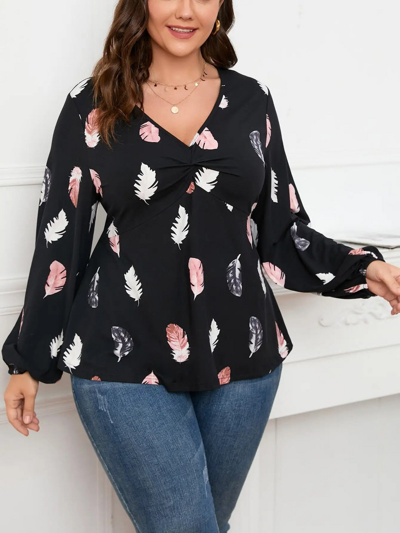 Finjani suures suuruses naiste T-särk, sulgedega lilleprinteriga üleskeeratavad varrukad, vabaajarõivad sügiseks, uus