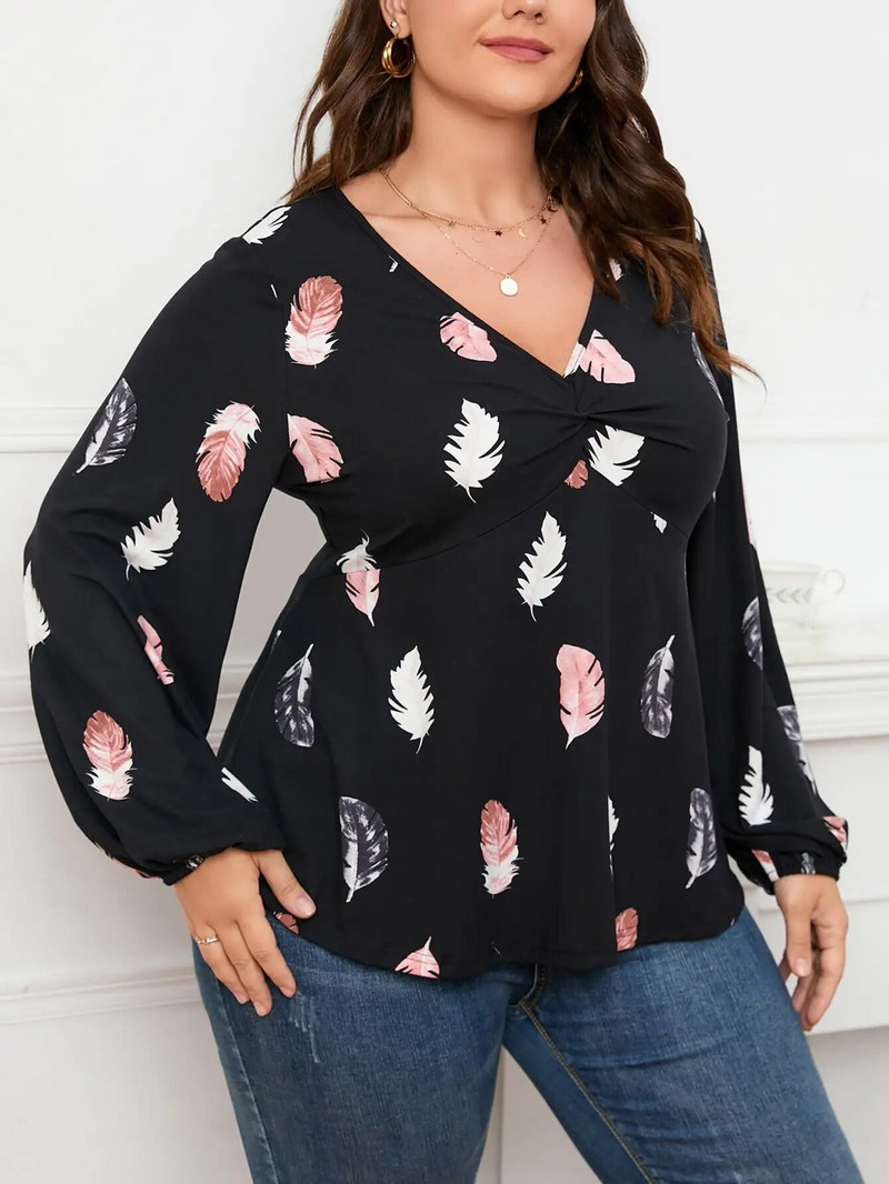 Finjani suures suuruses naiste T-särk, sulgedega lilleprinteriga üleskeeratavad varrukad, vabaajarõivad sügiseks, uus