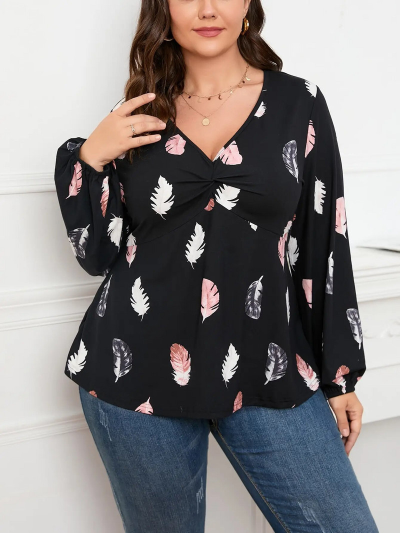 Finjani suures suuruses naiste T-särk, sulgedega lilleprinteriga üleskeeratavad varrukad, vabaajarõivad sügiseks, uus