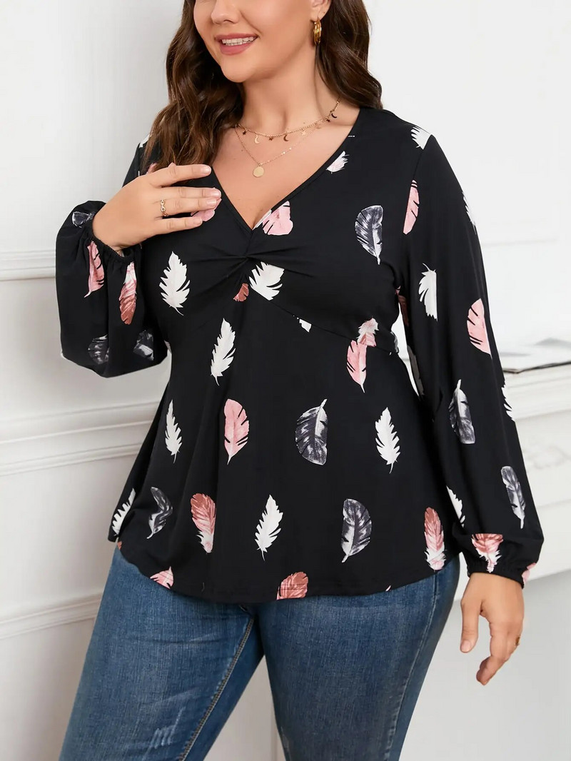 Finjani suures suuruses naiste T-särk, sulgedega lilleprinteriga üleskeeratavad varrukad, vabaajarõivad sügiseks, uus