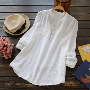 Памучни ленени дамски топове и блузи Ежедневни дълъг ръкав с V-образно деколте Едноцветна бяла риза-туника Vintage Голям размер Дамска пролетна блуза