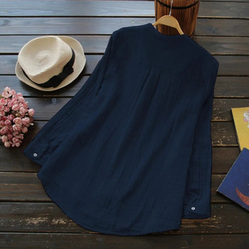 Памучни ленени дамски топове и блузи Ежедневни дълъг ръкав с V-образно деколте Едноцветна бяла риза-туника Vintage Голям размер Дамска пролетна блуза