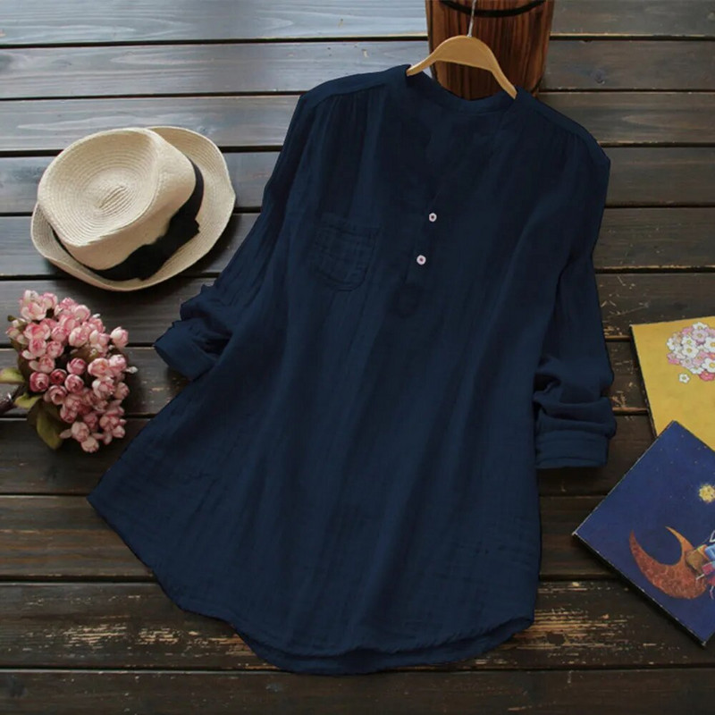 Γυναικεία μπλουζάκια και μπλούζες από λινό βαμβακερό μονόχρωμο μακρυμάνικο V λαιμόκοψη μονόχρωμο λευκό πουκάμισο Vintage Plus Size Γυναικεία ανοιξιάτικη μπλούζα