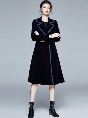 Зимно дизайнерско дамско кадифено черно кадифено високо палто с винтидж реколта, топло джобно дълго палто