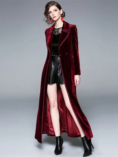 Γυναικεία σχεδιάστρια χειμερινής πασαρέλας Vintage με οδοντωτό περιτύλιγμα Μαύρο βελούδινο παλτό μάξι Χοντρό παλτό ζεστής τσέπης μακριά καμπαρντίνα