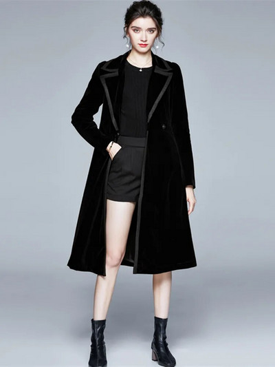 Γυναικεία σχεδιάστρια χειμερινής πασαρέλας Vintage με οδοντωτό περιτύλιγμα Μαύρο βελούδινο παλτό μάξι Χοντρό παλτό ζεστής τσέπης μακριά καμπαρντίνα