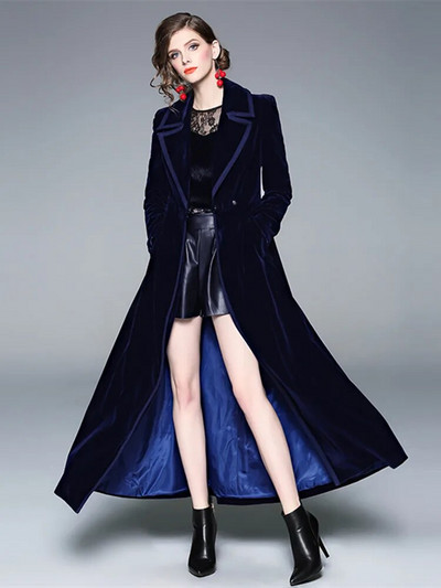 Γυναικεία σχεδιάστρια χειμερινής πασαρέλας Vintage με οδοντωτό περιτύλιγμα Μαύρο βελούδινο παλτό μάξι Χοντρό παλτό ζεστής τσέπης μακριά καμπαρντίνα