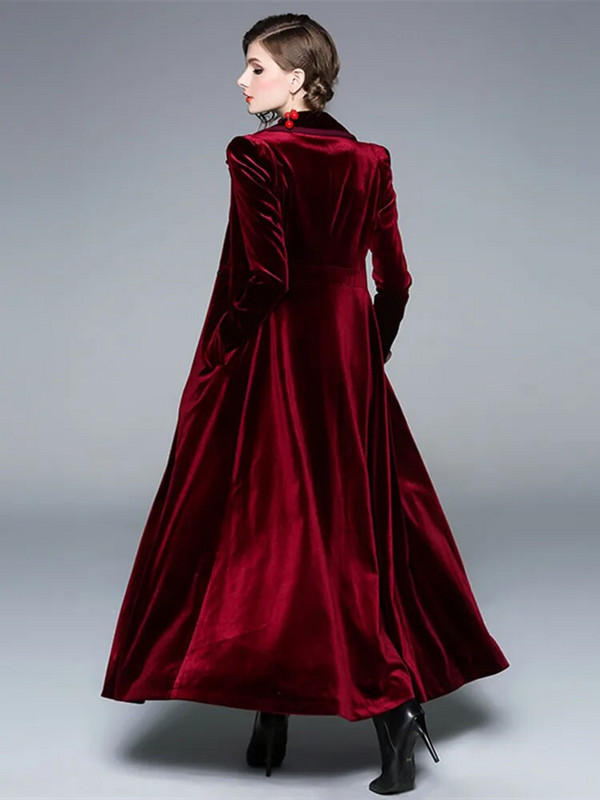 Γυναικεία σχεδιάστρια χειμερινής πασαρέλας Vintage με οδοντωτό περιτύλιγμα Μαύρο βελούδινο παλτό μάξι Χοντρό παλτό ζεστής τσέπης μακριά καμπαρντίνα