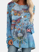 Plus Size 2023 Φθινόπωρο και Χειμώνας Νέο μακρυμάνικο πουλόβερ μπλουζάκι με στρογγυλή λαιμόκοψη Γυναικείο μπλουζάκι με σχέδιο πεταλούδας