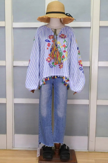 Vintage πουκάμισα κεντήματα Γυναικεία τουνίκ καλοκαιρινά ρούχα Φαρδιά μακρυμάνικα κορδόνια με κρόσσια Λευκό βαμβακερό έθνικ μπλούζα πουκάμισο Blusas