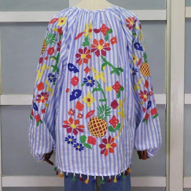 Vintage tikandiga särgid Naiste tuunika Suveriided Lahtised pikkade varrukatega Nööriga narmad Valge puuvillane etniline pluusisärk Blusas