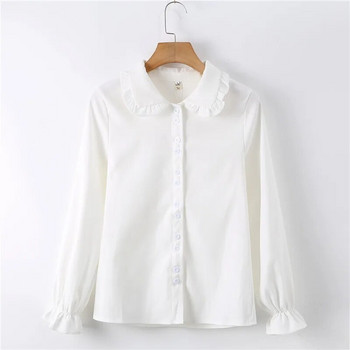 Нова пристигаща плътна бяла риза с яка с рюшове с ръкав и копче с копчета Ежедневна кафява сладка блуза Feminina Blusa T99025F