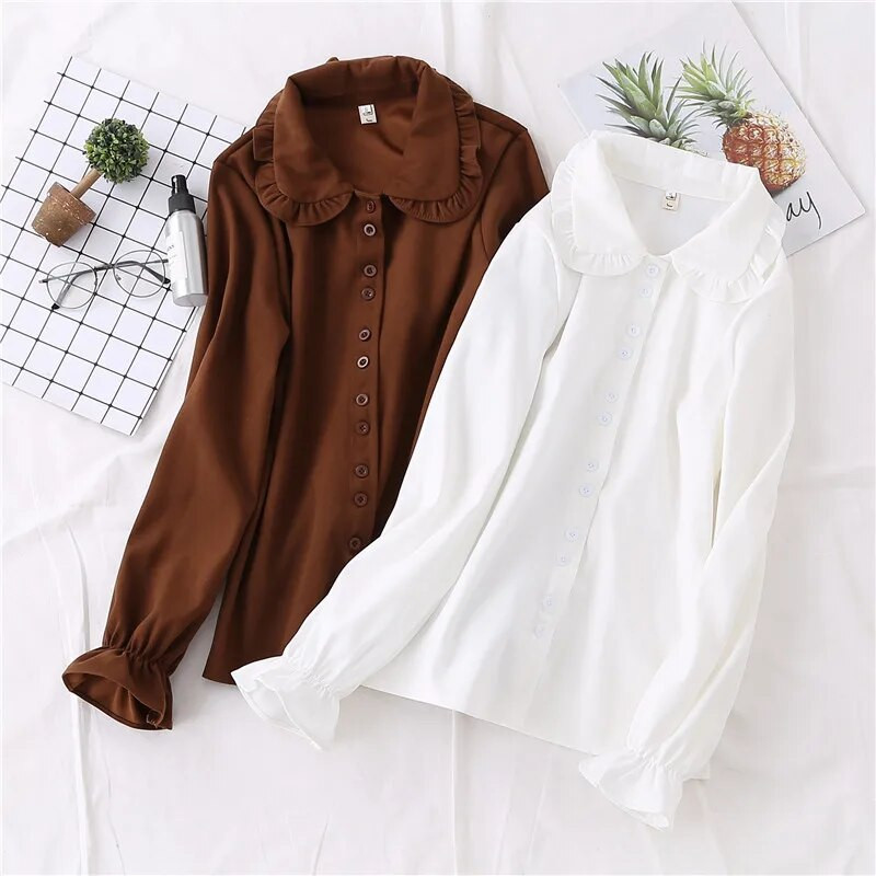 Νέα άφιξη Μασίφ Peter pan Ρουτσένιο γιακά λευκό πουκάμισο μανίκι φανάρι με κουμπί επάνω Casual καφέ γλυκιά μπλούζα Feminina Blusa T99025F