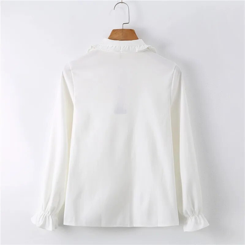 Νέα άφιξη Μασίφ Peter pan Ρουτσένιο γιακά λευκό πουκάμισο μανίκι φανάρι με κουμπί επάνω Casual καφέ γλυκιά μπλούζα Feminina Blusa T99025F