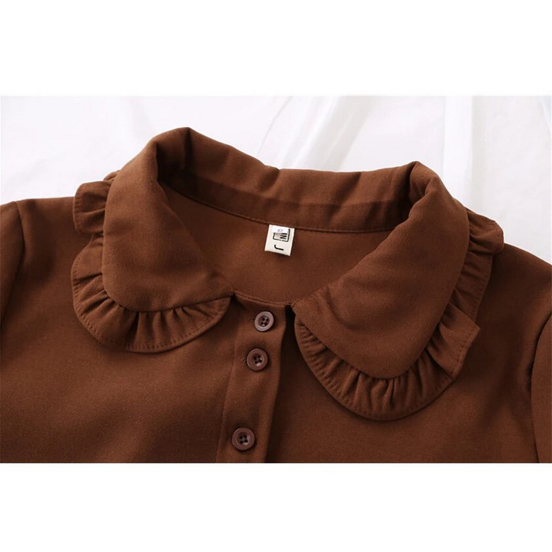 Νέα άφιξη Μασίφ Peter pan Ρουτσένιο γιακά λευκό πουκάμισο μανίκι φανάρι με κουμπί επάνω Casual καφέ γλυκιά μπλούζα Feminina Blusa T99025F