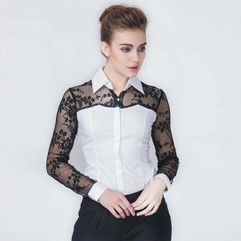 Офис дамска модна дантелена кръпка Бяло боди Памучна блуза Дамска дантелена риза с дълги ръкави с отложна яка