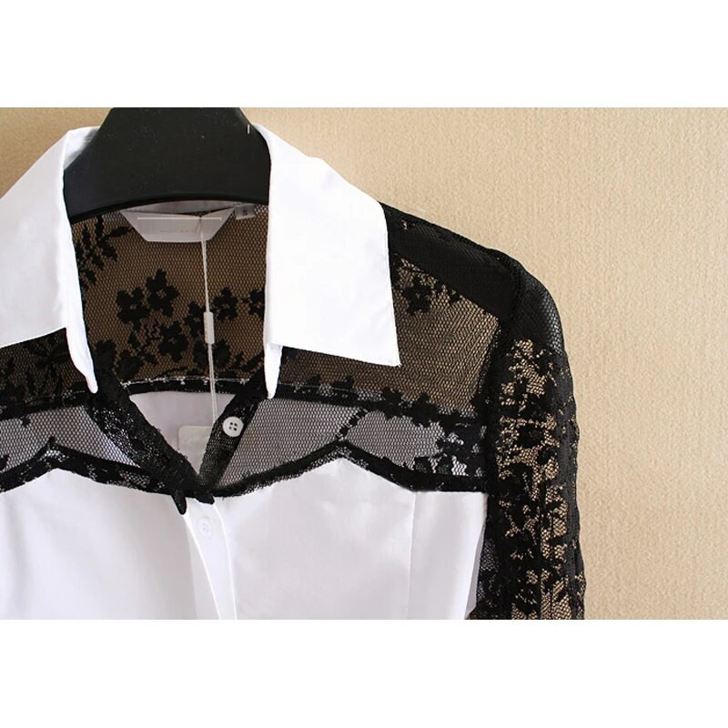 Γυναικείο Γυναικείο Μόδα Δαντέλα Μπάλωμα Λευκό Κορμάκι Βαμβακερή γυναικεία μπλούζα πουκάμισο πουκάμισο με μακρυμάνικο κορμάκι με δαντέλα