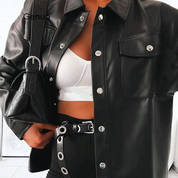 Darlingaga Streetwear Μαύρη PU δερμάτινη μπλούζα Γυναικεία ζακέτα με κουμπιά μόδας γυναικείο πουκάμισο μακρυμάνικο μπλούζες από μασίφ δέρμα