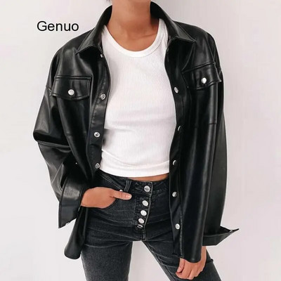 Darlingaga Streetwear Черна блуза от PU кожа Дамска жилетка с копчета Модна дамска риза Топ с дълъг ръкав, плътни кожени блузи