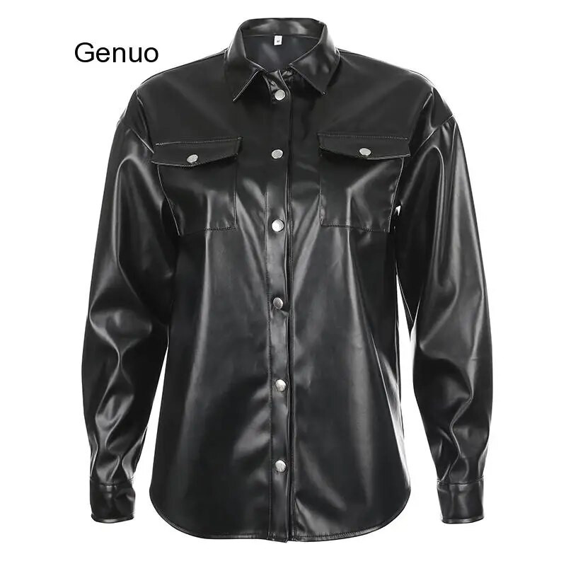 Darlingaga Streetwear Μαύρη PU δερμάτινη μπλούζα Γυναικεία ζακέτα με κουμπιά μόδας γυναικείο πουκάμισο μακρυμάνικο μπλούζες από μασίφ δέρμα
