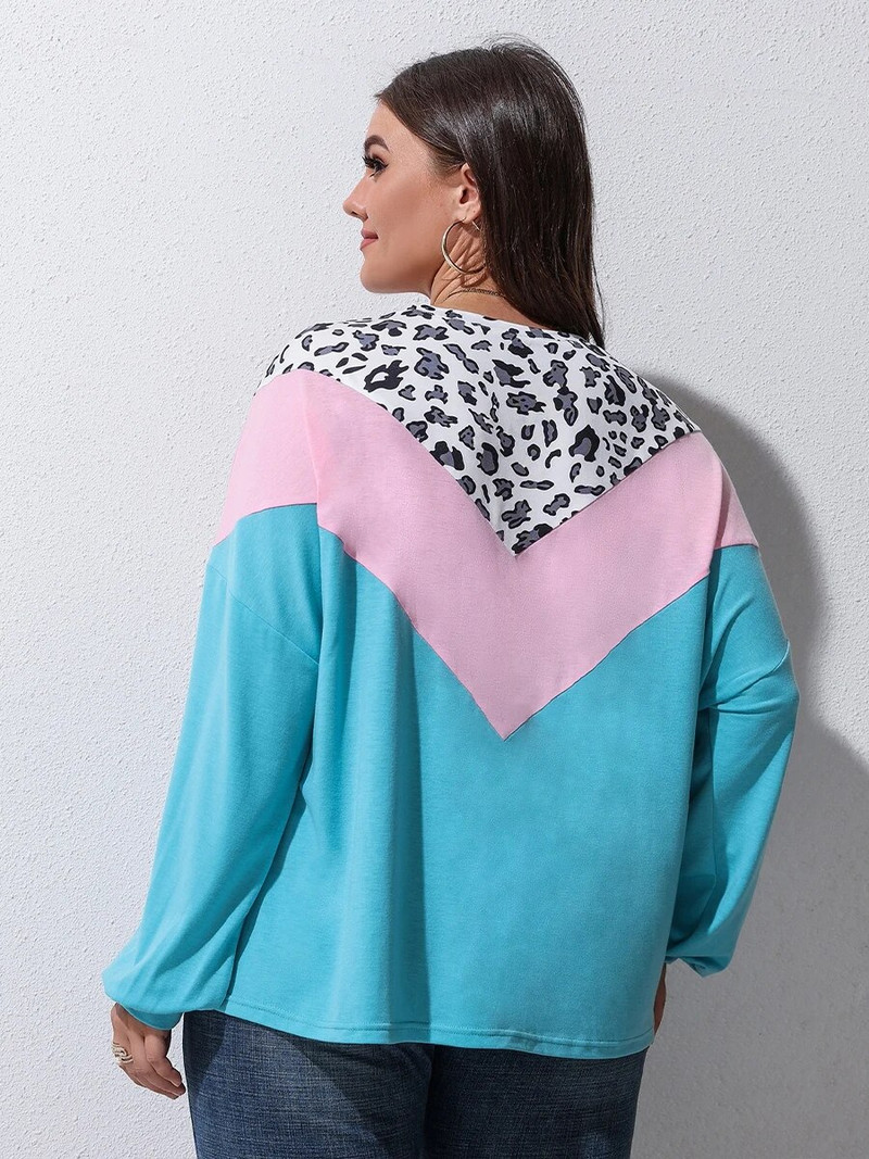 Finjani naiste suures suuruses T-särk Leopard Colorblock pikkade varrukatega O-kaelusega tee vabaajarõivad sügiseks, uus