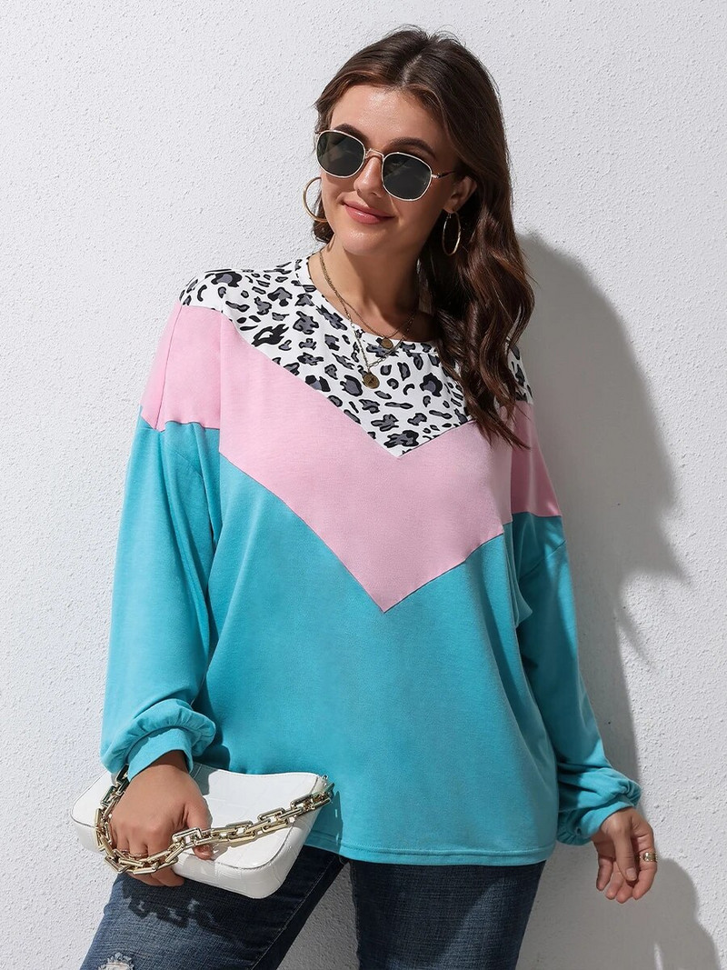 Finjani naiste suures suuruses T-särk Leopard Colorblock pikkade varrukatega O-kaelusega tee vabaajarõivad sügiseks, uus