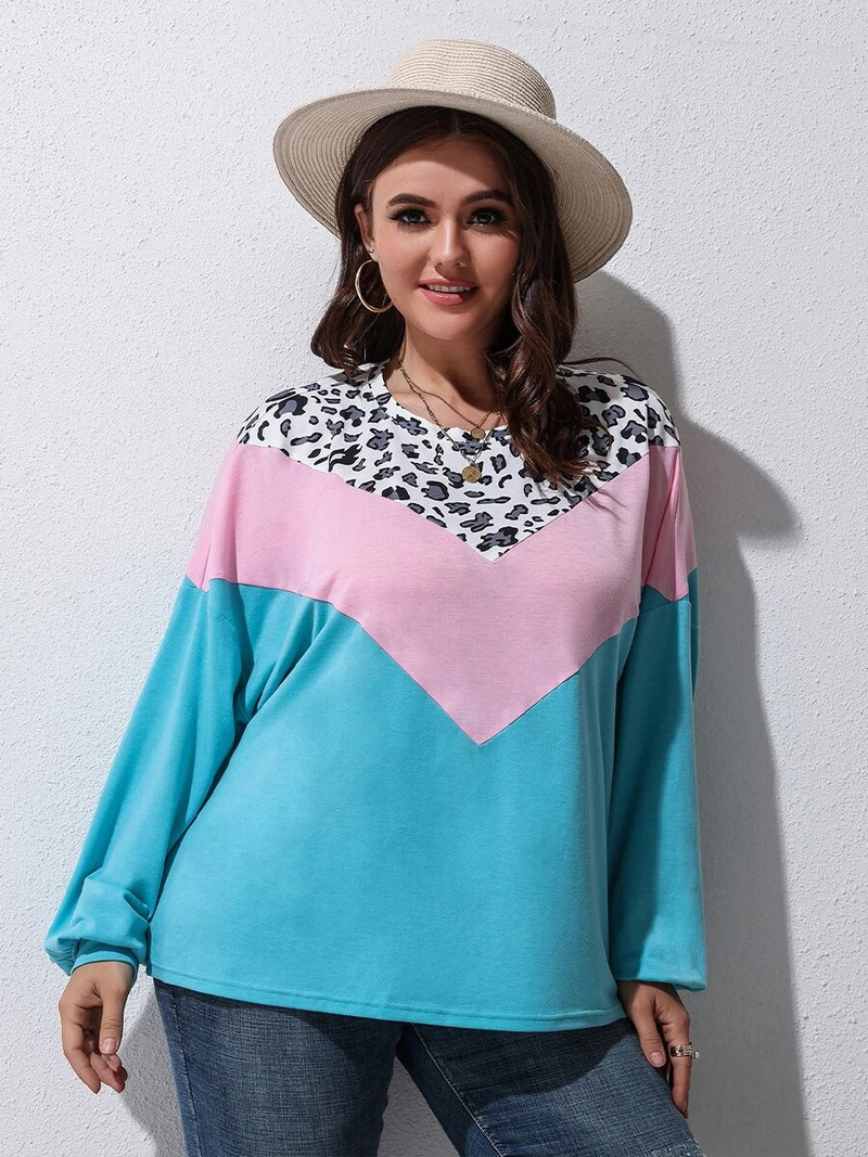 Finjani naiste suures suuruses T-särk Leopard Colorblock pikkade varrukatega O-kaelusega tee vabaajarõivad sügiseks, uus