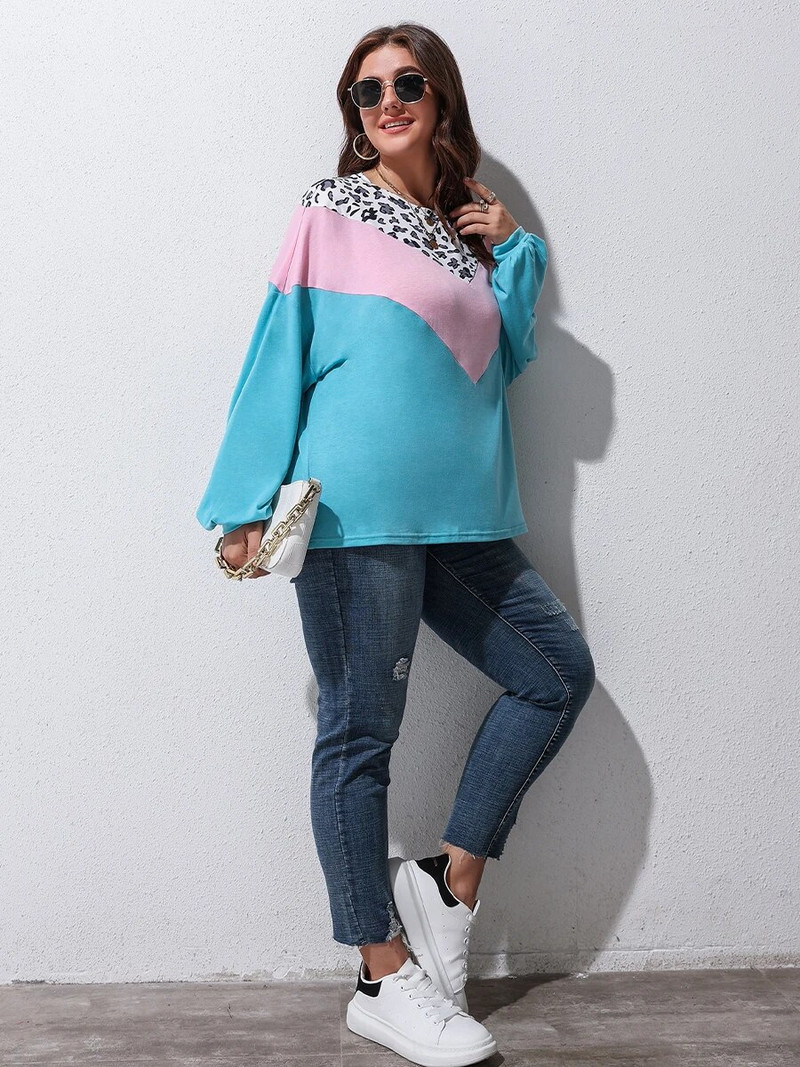 Finjani naiste suures suuruses T-särk Leopard Colorblock pikkade varrukatega O-kaelusega tee vabaajarõivad sügiseks, uus