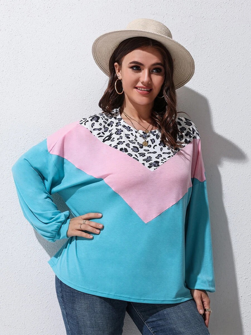 Finjani naiste suures suuruses T-särk Leopard Colorblock pikkade varrukatega O-kaelusega tee vabaajarõivad sügiseks, uus