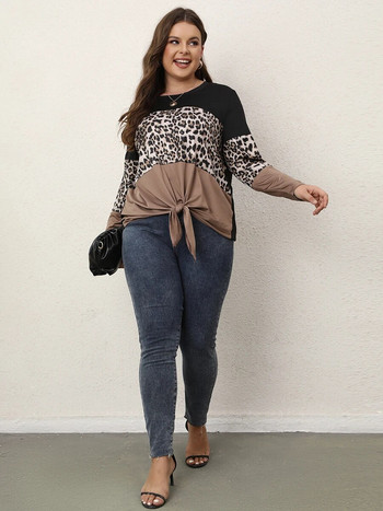 Γυναικεία μπλουζάκια Finajni Plus Size Fashion Leopard Color Block Μπλούζες Μοναδικό μακρόστενο παπιγιόν φθινοπώρου και χειμώνα