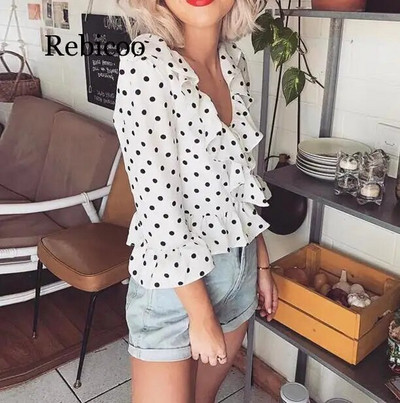 Moteriški taškiniai marškinėliai Laisvi V kaklo viršūnės Moteriškos Laisvalaikio raukiniai Rankovės Palaidinė Marškiniai Moteriški viršūnės