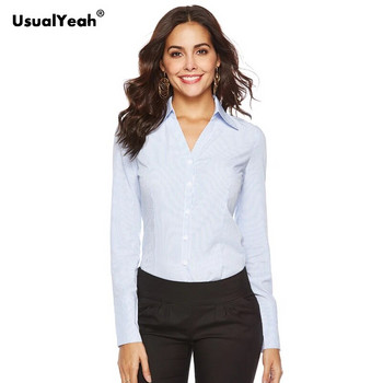 UsualYeah Нови дамски официални ризи Риза по тялото с дълги ръкави с обърната яка с V-образно деколте OL Ризи и блузи на райе бяло синьо S-4XL