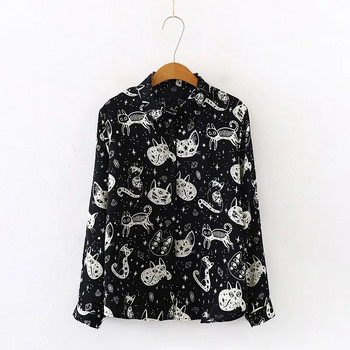 Γυναικεία Harajuku πουκάμισο γατάκι Print Φθινοπωρινά μακρυμάνικα μπλουζάκια και μπλούζες Γυναικεία μακρυμάνικη λευκή μαύρη μπλούζα