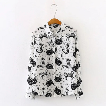 Γυναικεία Harajuku πουκάμισο γατάκι Print Φθινοπωρινά μακρυμάνικα μπλουζάκια και μπλούζες Γυναικεία μακρυμάνικη λευκή μαύρη μπλούζα