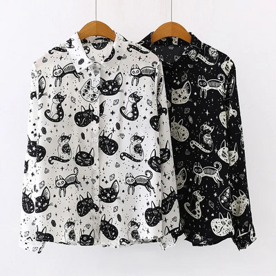 Дамска риза Harajuku Есенни топове и блузи с дълъг ръкав с щампа коте, офис дамски бели черни блузи с дълъг ръкав