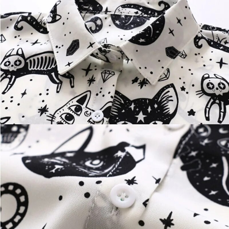 Moteriški Harajuku marškinėliai kačiukas Rudeniniai ilgomis rankovėmis viršūnės ir palaidinės Biuro moteriškos ilgos rankovės baltos juodos palaidinės