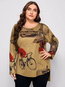 Φθινοπωρινή χειμερινή μακριά μπλούζα Γυναικεία O λαιμός μακρυμάνικο ρετρό εκτύπωση vintage μπλούζες μπλούζα χαλαρά σε συν μέγεθος γυναικεία ρούχα