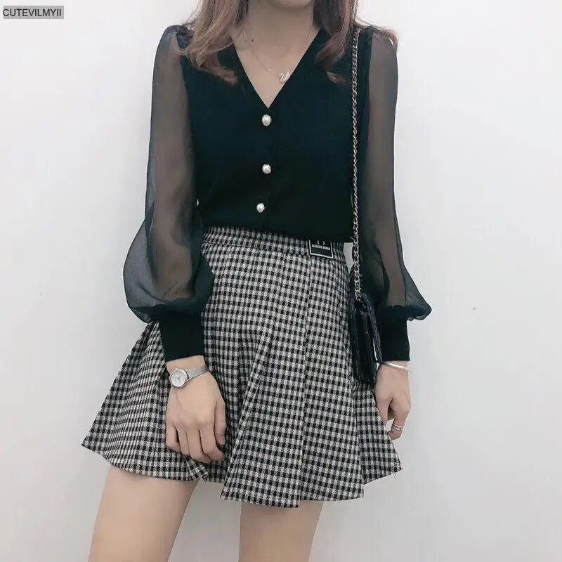 Naised Talv kevad Uued pikkade varrukatega nööbiga kootud pluusid Naiste mood V-kaelusega ühevärvilised särgid Lahtised vabaaja topid Pulloverid