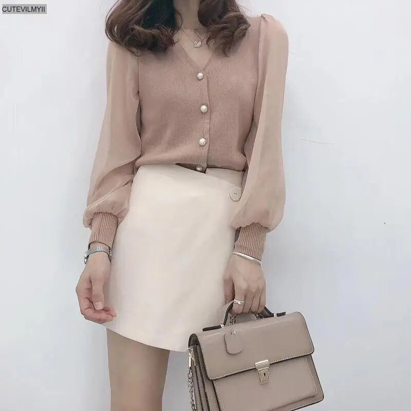 Naised Talv kevad Uued pikkade varrukatega nööbiga kootud pluusid Naiste mood V-kaelusega ühevärvilised särgid Lahtised vabaaja topid Pulloverid