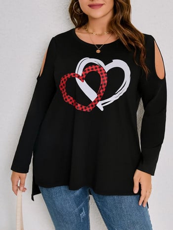 Γυναικείο μπλουζάκι Finjani Plus Size Gingham Heart Print Μακρυμάνικο μπλουζάκι με λαιμόκοψη Casual για το φθινόπωρο Νέο